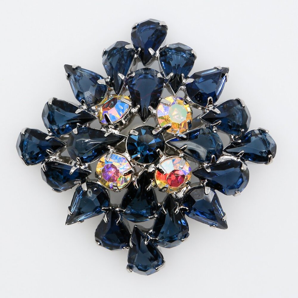 Vintage Large‎ Domed Deep Blue & AB Rhinestones Starburst Brooch 1950s